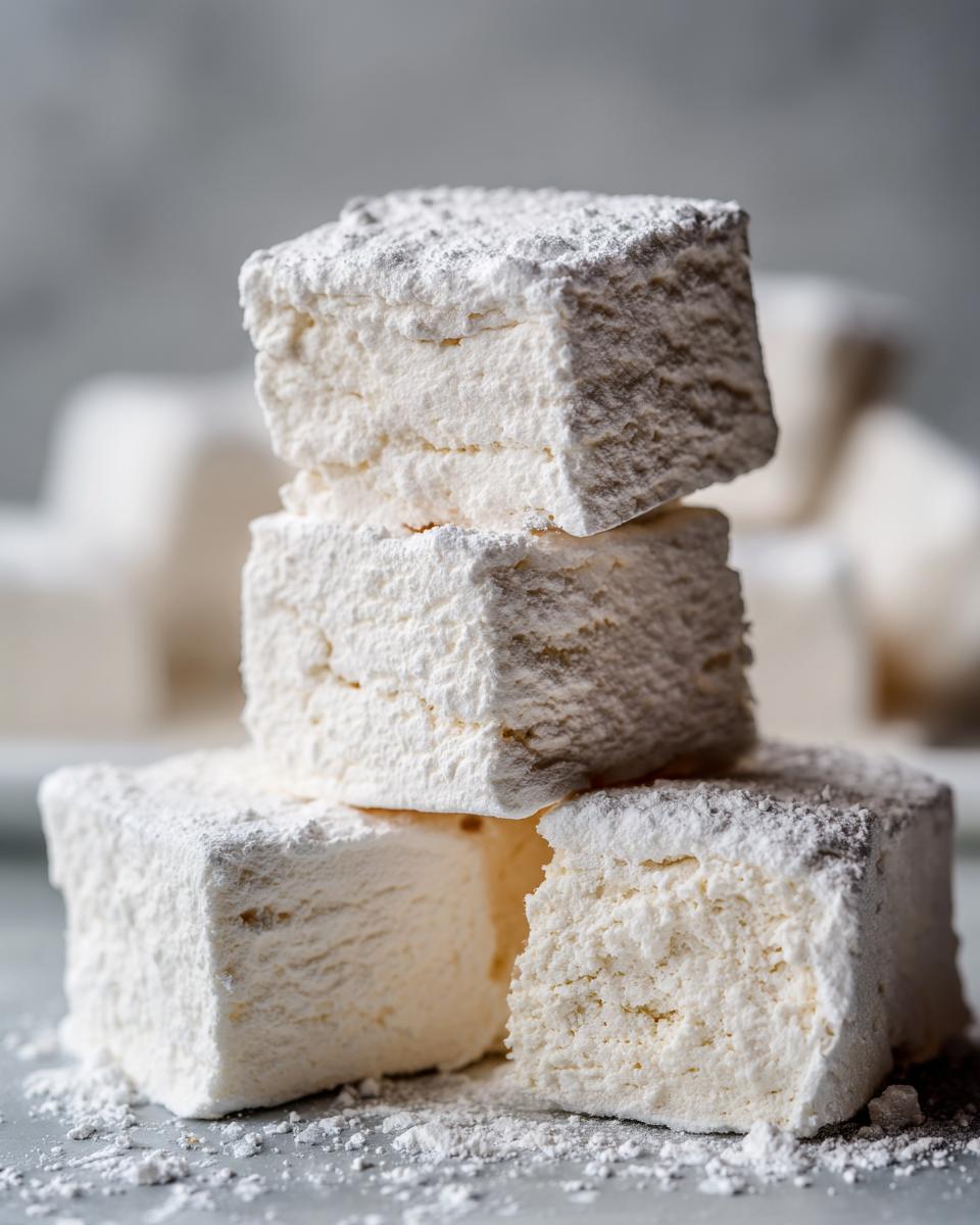 A close-up stack of three fluffy homemade marshmallows generously dusted with white powdered sugar.