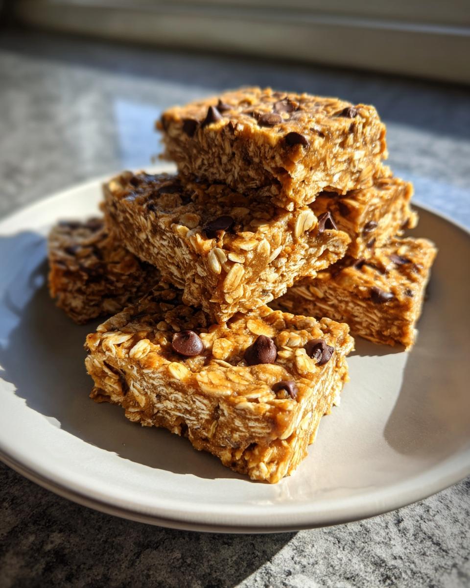 A stack of homemade, chewy protein bars made with oats and topped with mini chocolate chips, sitting on a light gray plate.
