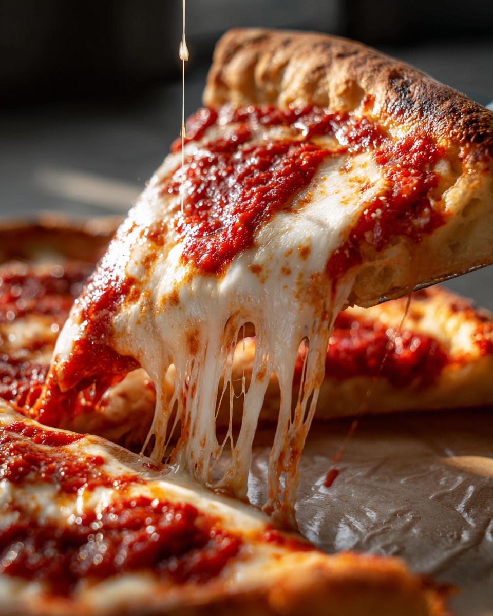 A close-up of a slice of homemade pizza being lifted, showing incredible cheese pull with melted mozzarella and rich tomato sauce.