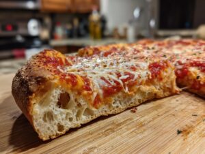 Close-up of a thick, airy crust slice of homemade pizza showing melted cheese and tomato sauce.