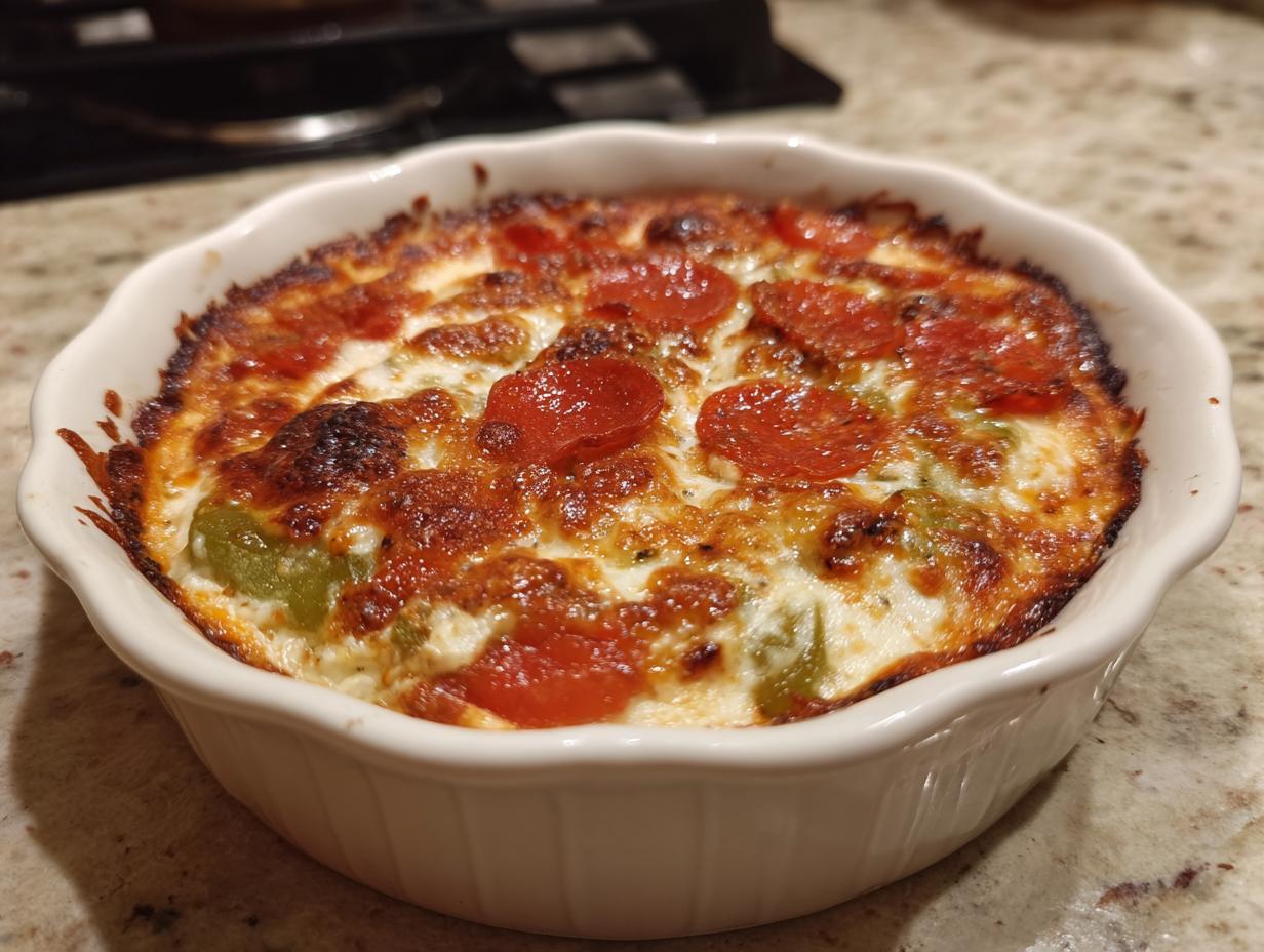 A close-up of a bubbling, baked pepperoni pizza dip topped with melted cheese and green peppers in a white ramekin.