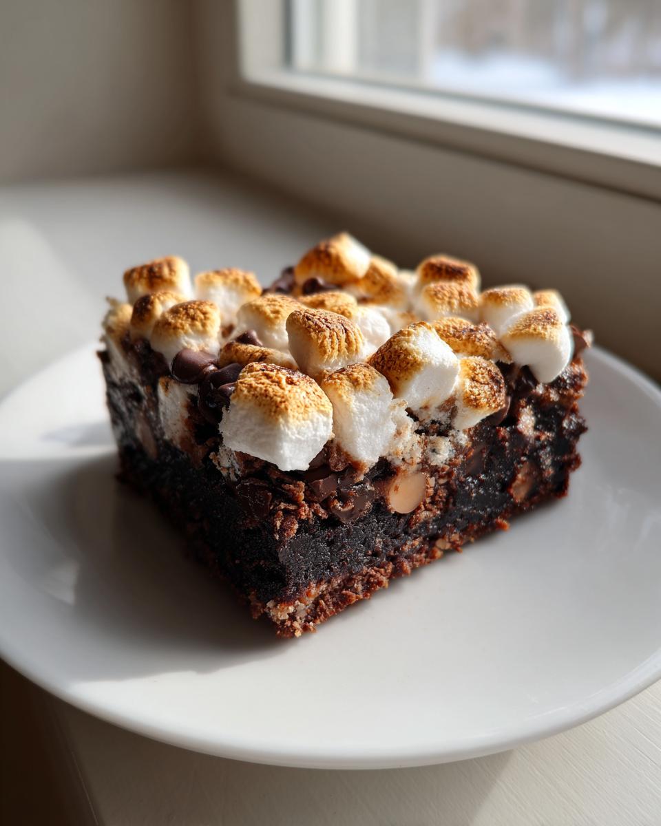 A rich, fudgy hot chocolate brownies square topped with toasted marshmallows and chocolate chips on a white plate.