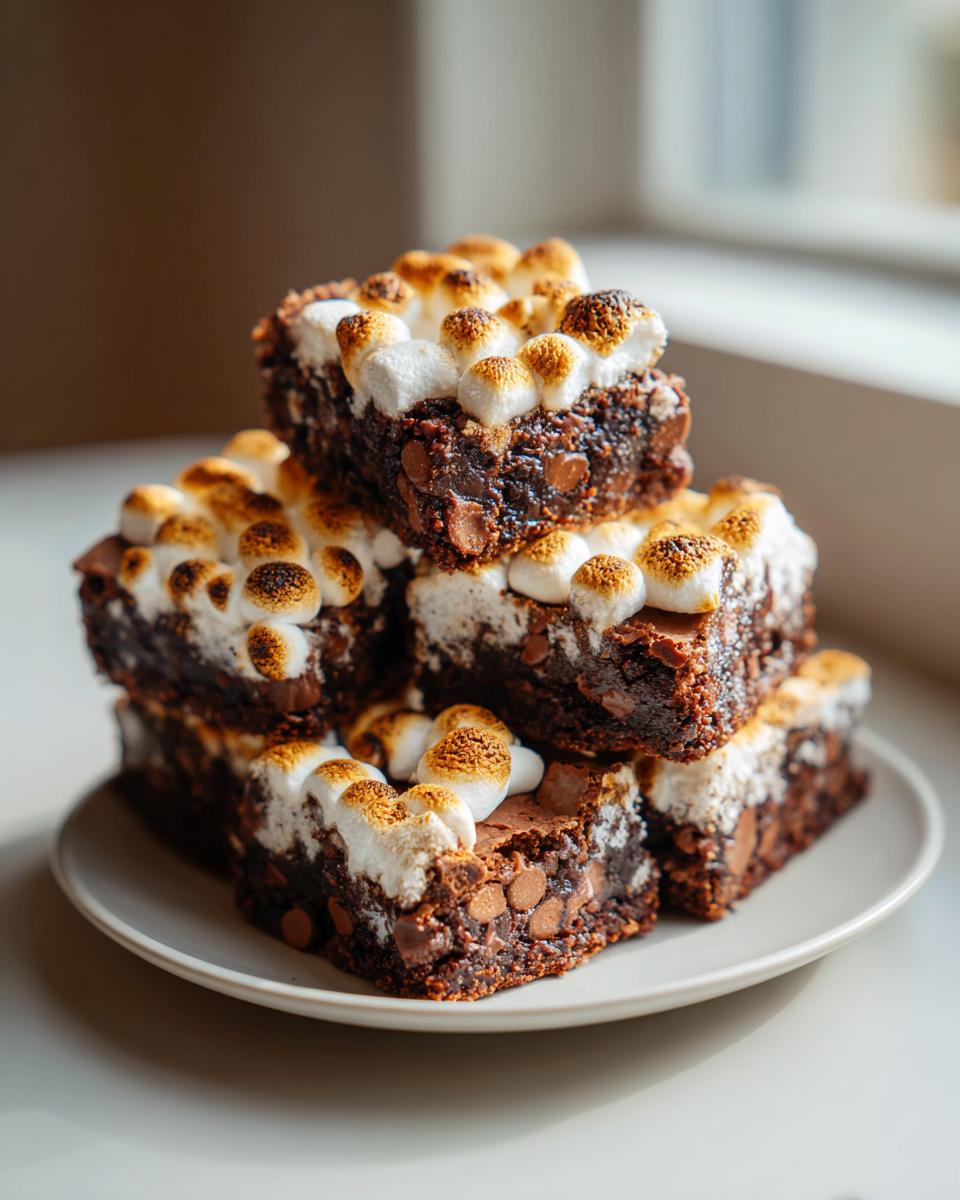 A stack of four rich, fudgy hot chocolate brownies topped with perfectly toasted marshmallows.