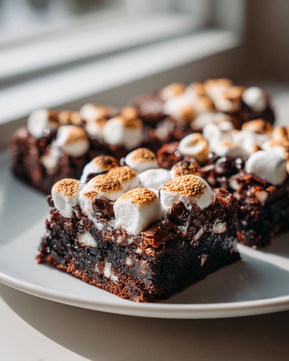 A rich, fudgy square of hot chocolate brownies topped with melted and toasted marshmallows.