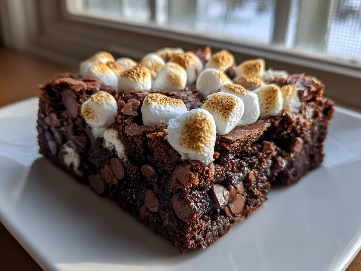 A rich, fudgy piece of hot chocolate brownies topped with toasted mini marshmallows and chocolate chips.