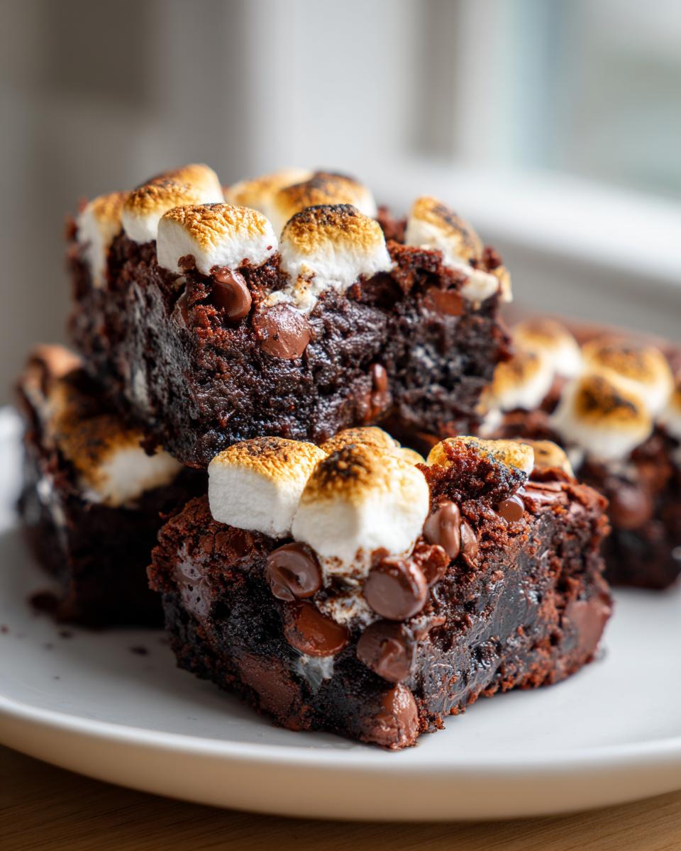 Close-up of fudgy hot chocolate brownies topped with melted and toasted marshmallows and chocolate chips.