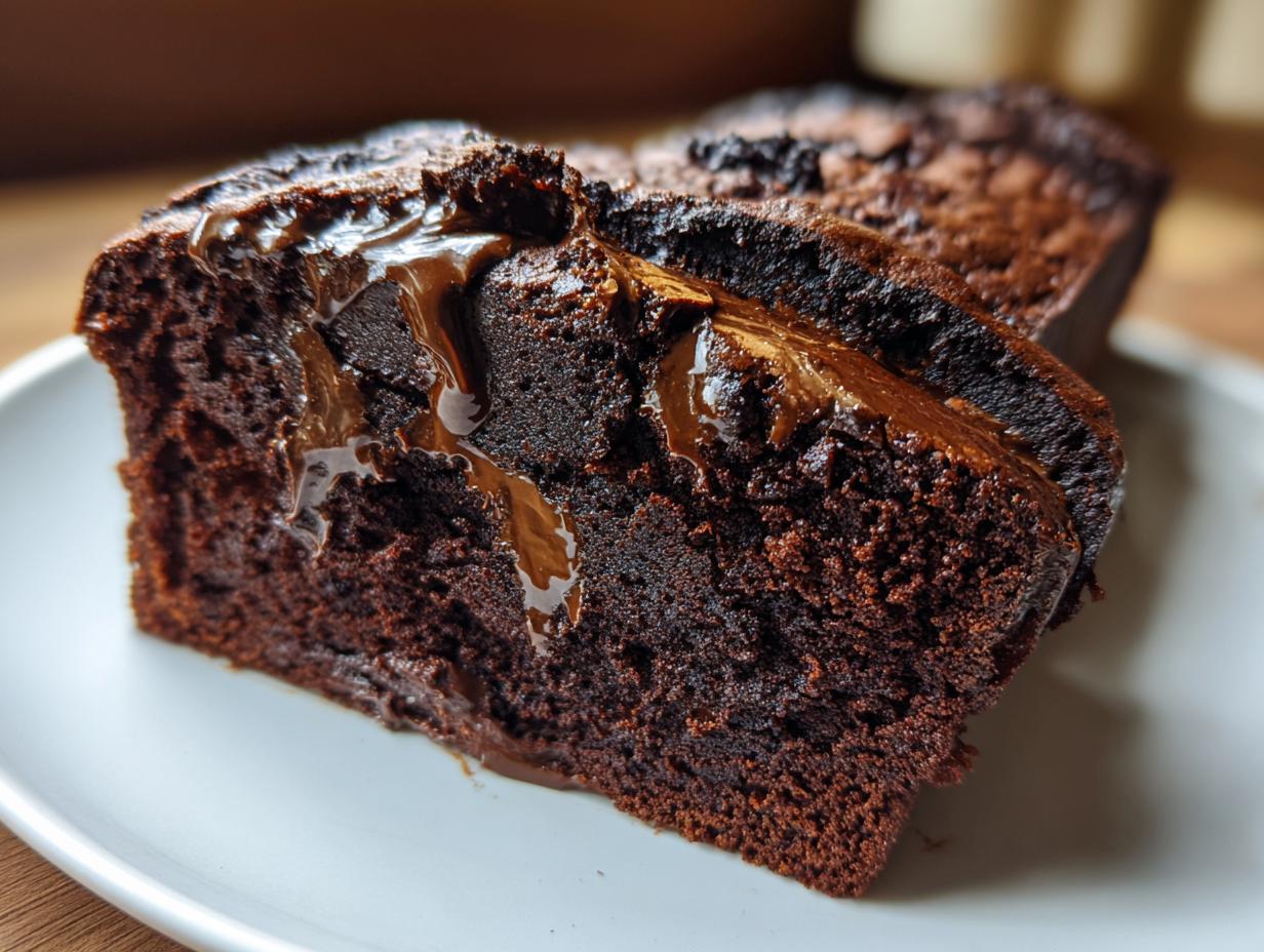 Close-up of a thick slice of hot fudge brownie bread showing a rich, dark crumb and melted chocolate oozing from the center.