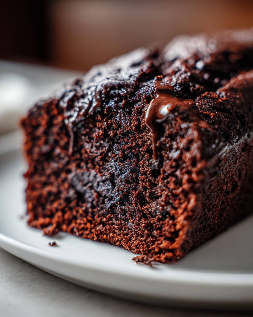 Close-up of a rich, dark slice of hot fudge brownie bread with glossy chocolate drizzle on top.