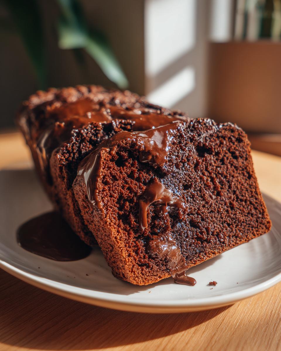 Close-up of sliced hot fudge brownie bread drizzled generously with warm fudge sauce on a white plate.