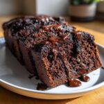 Close-up of rich, dark slices of hot fudge brownie bread drizzled generously with melted chocolate sauce.