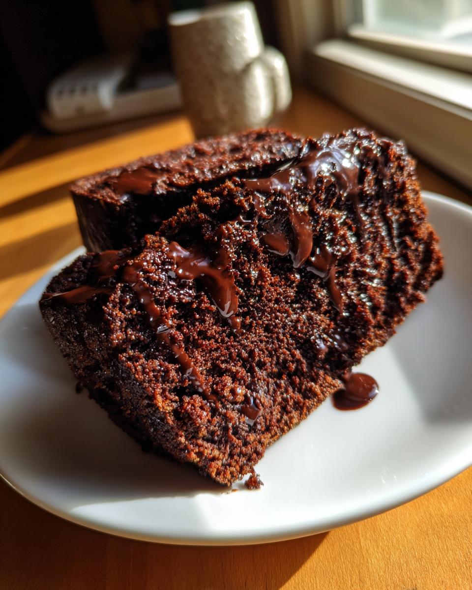 Two moist slices of hot fudge brownie bread topped with rich, dark chocolate fudge drizzle on a white plate.