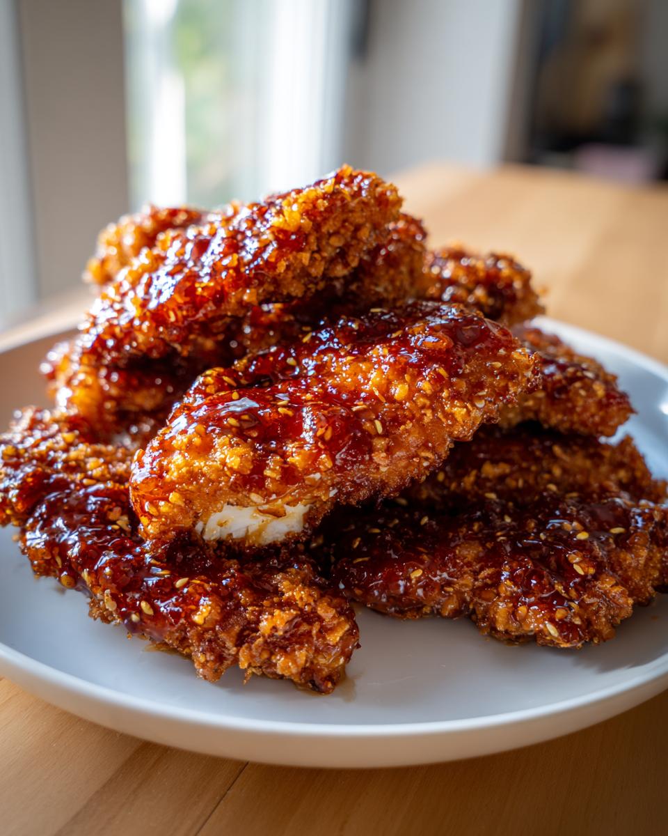 A pile of crispy, glazed hot honey chicken tenders coated in a sticky, dark sauce and sesame seeds.