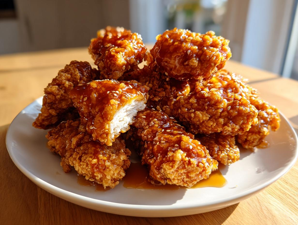 A stack of crispy, golden hot honey chicken tenders coated in a shiny glaze and sesame seeds, with one piece cut open.
