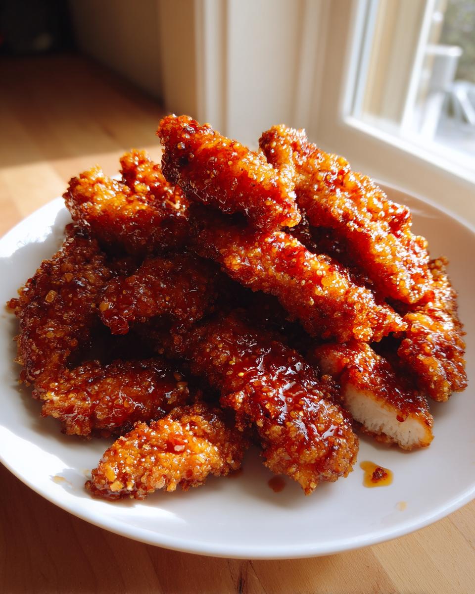 A pile of crispy, glazed hot honey chicken tenders glistening under natural light on a white plate.