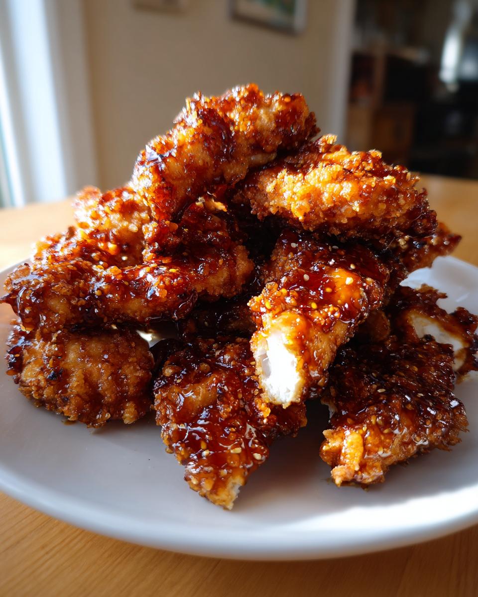 A tall pile of crispy, glazed hot honey chicken tenders sprinkled with sesame seeds on a white plate.