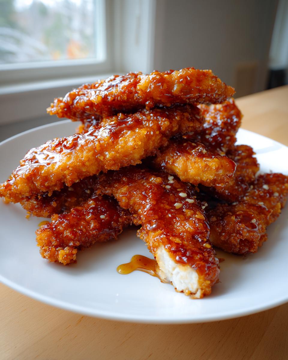 A stack of crispy, glazed hot honey chicken tenders sprinkled with sesame seeds on a white plate.