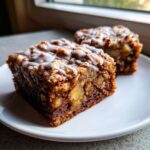 Two moist apple brownies topped with white icing and chopped nuts served on a white plate.