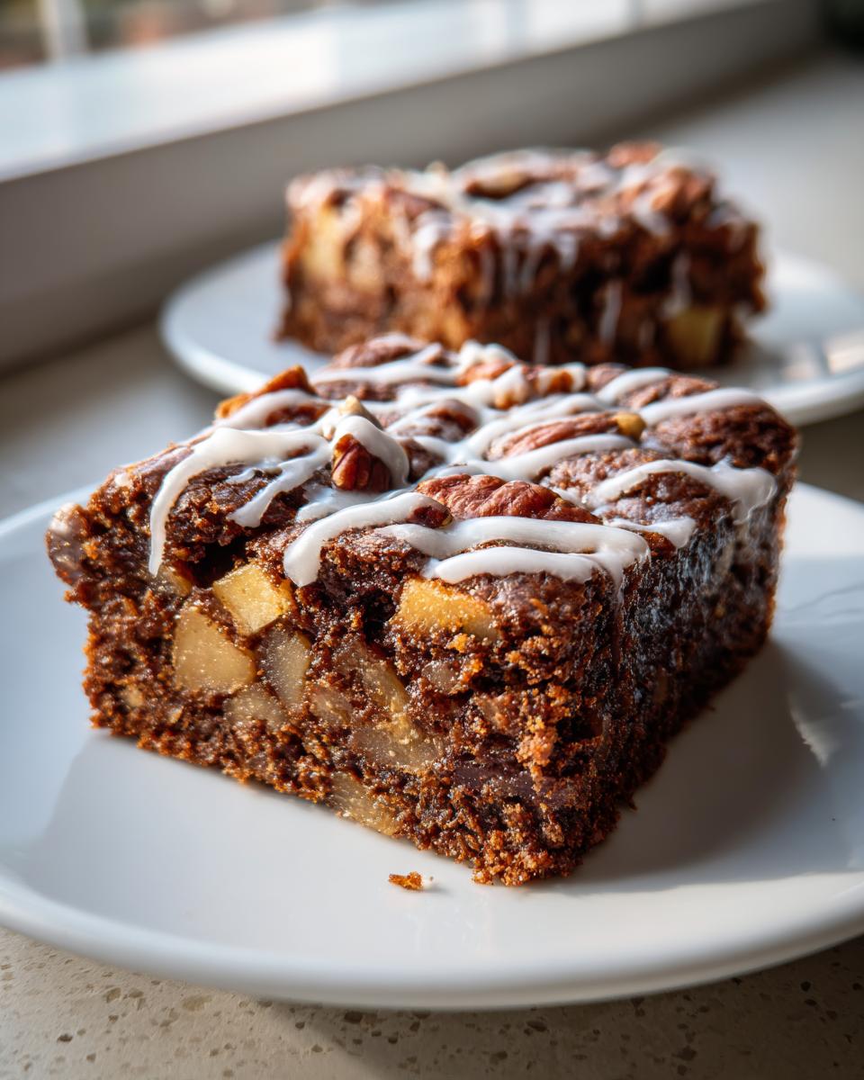 A thick slice of rich, dark apple brownies topped with white icing drizzle and pecans, sitting on a white plate.