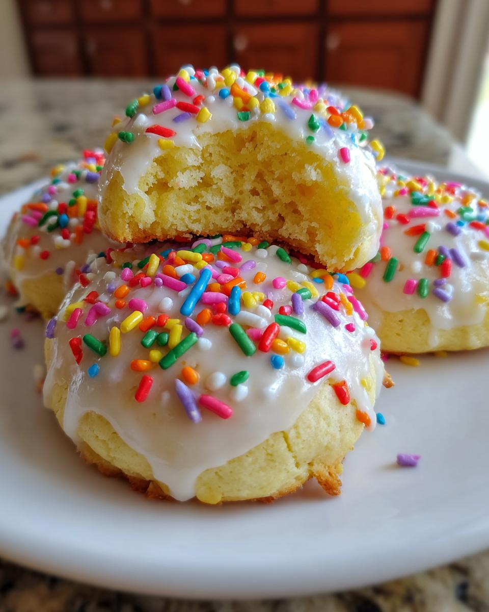 Three delicious italian ricotta cookies stacked, topped with white glaze and colorful sprinkles. One cookie is broken open showing the soft interior.