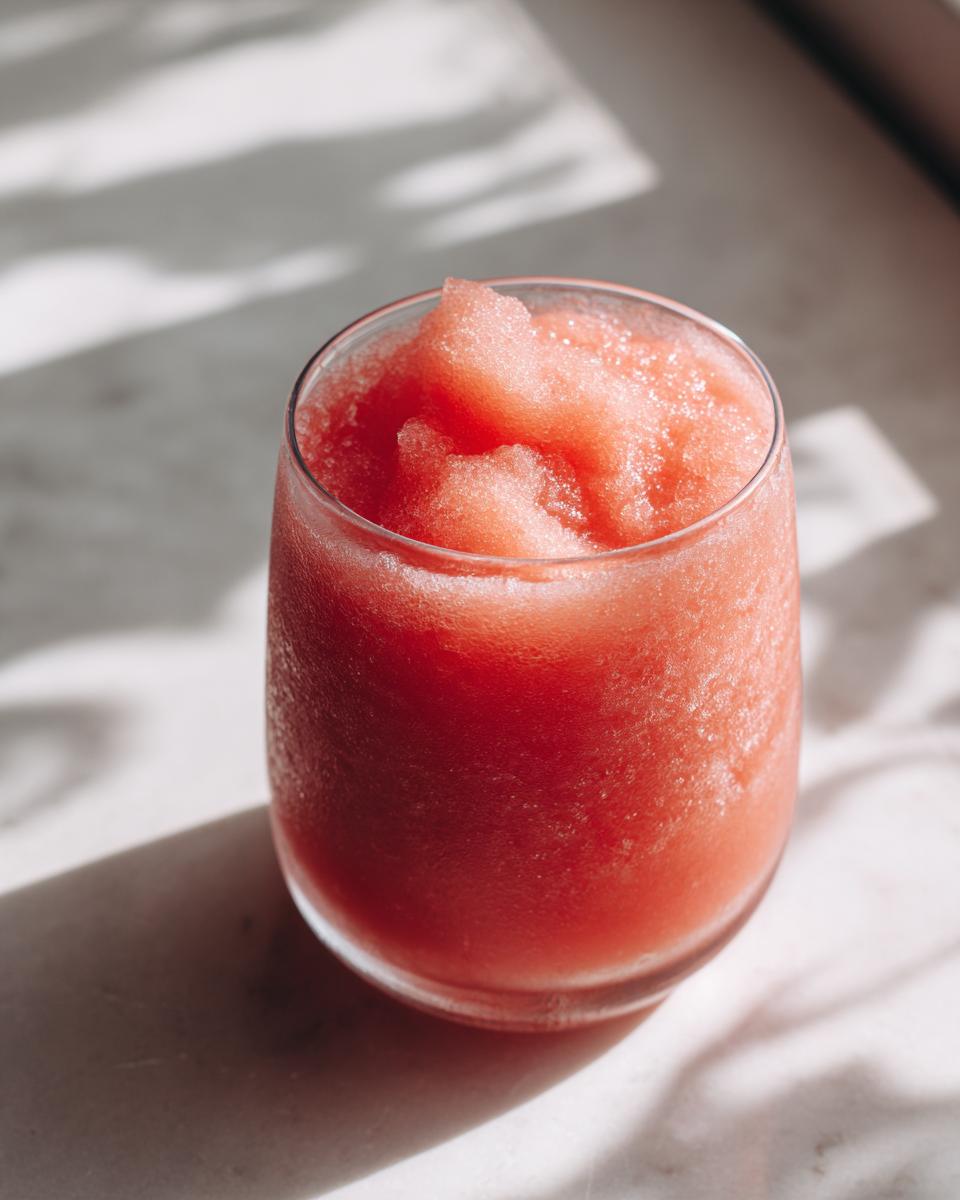 Close-up of a bright pink, icy watermelon smoothie served in a clear glass on a sunlit marble surface.
