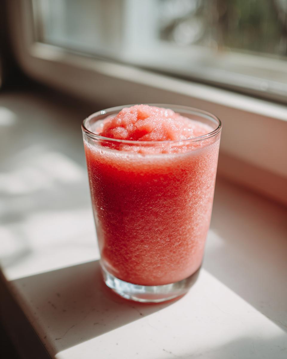 A tall glass filled with a bright pink, icy watermelon smoothie sitting on a sunlit windowsill.