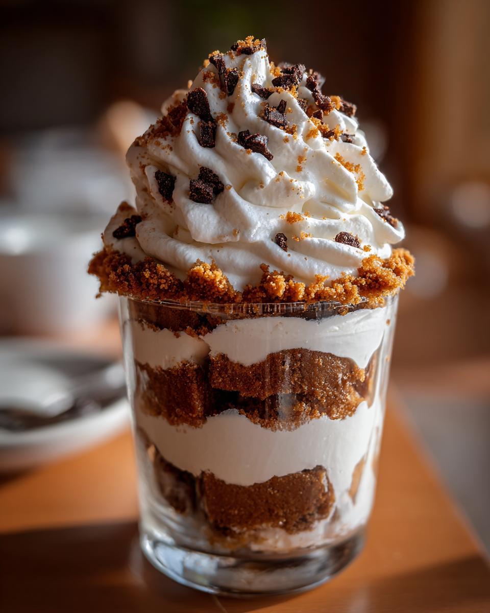 Close-up of an individual gingerbread trifle layered with cake, cream, and topped with whipped cream and chocolate shavings.