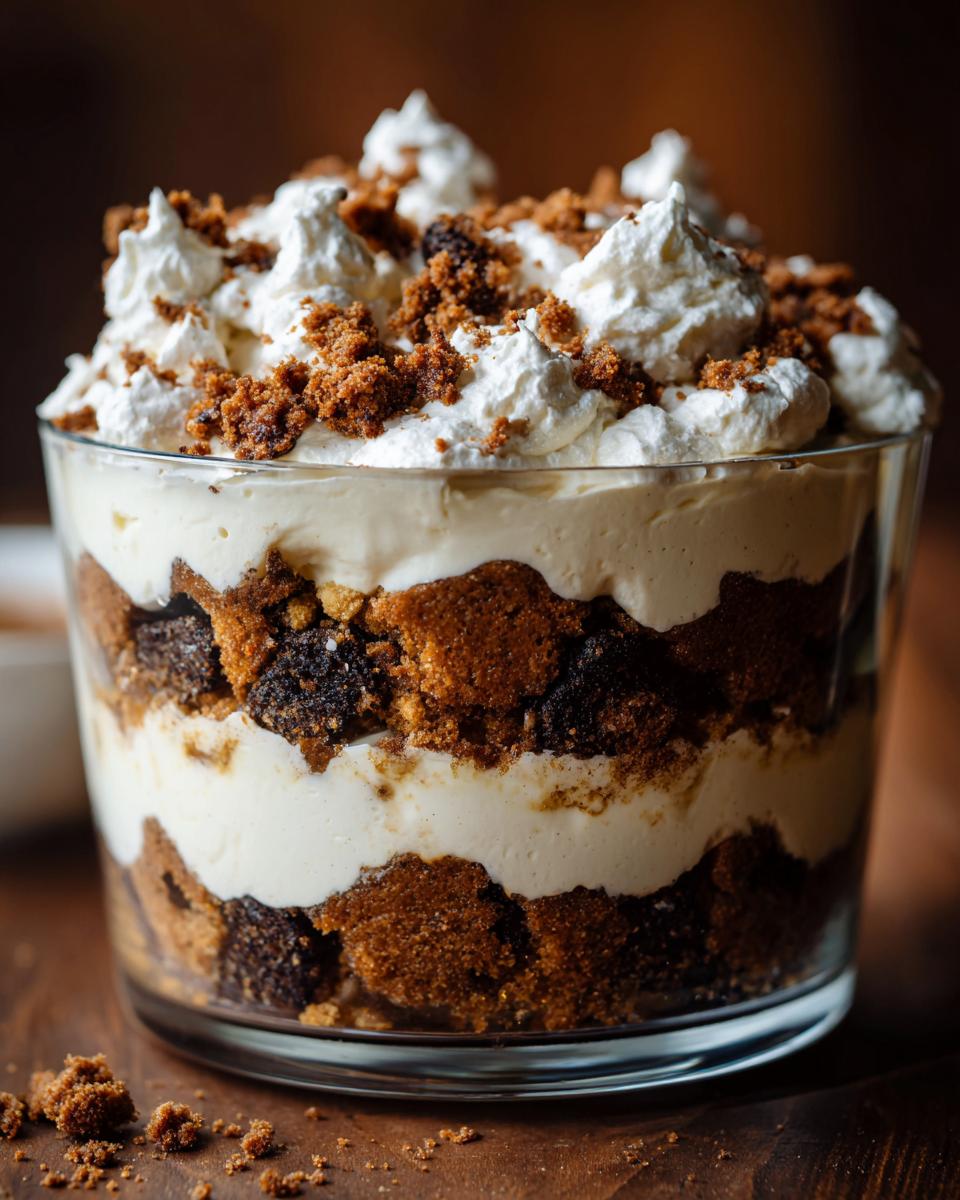 Close-up of a layered gingerbread trifle featuring cake pieces, cream, and whipped topping.