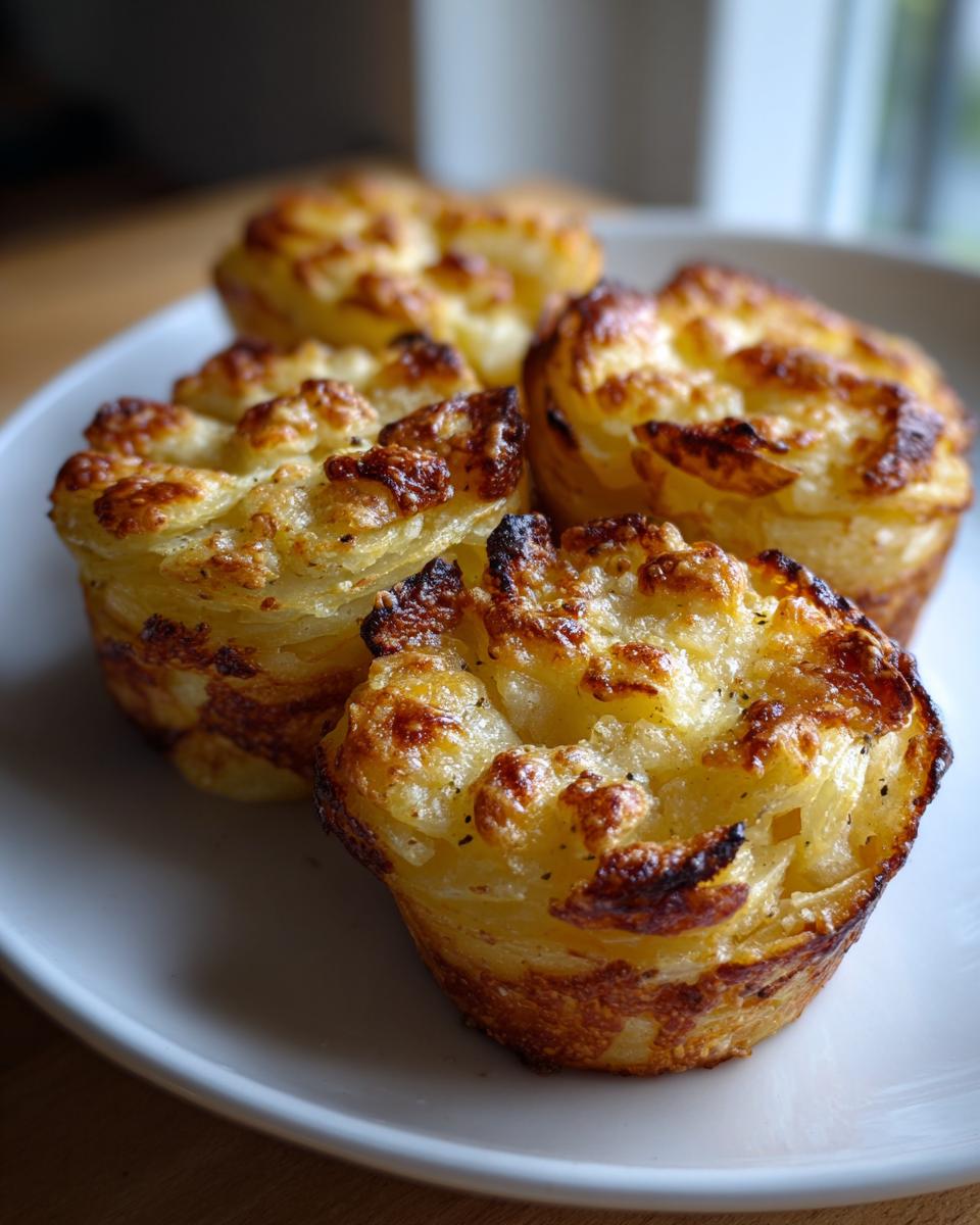 Four golden brown, crispy individual potato stacks baked in muffin tins, served on a white plate.
