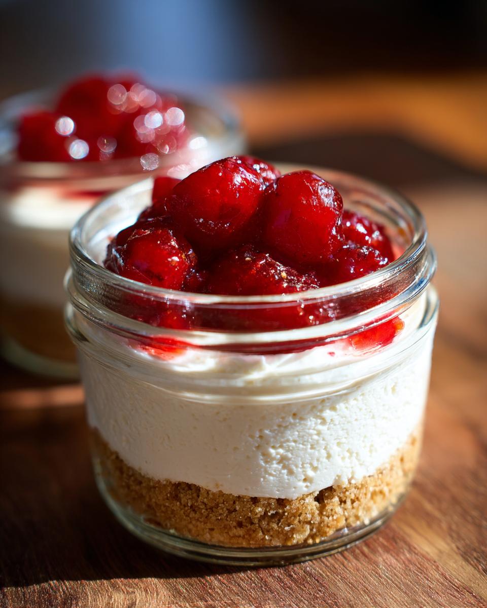 Close-up of an individual Protein Cheesecake layered in a small glass jar with a graham cracker crust and topped with bright red strawberry compote.