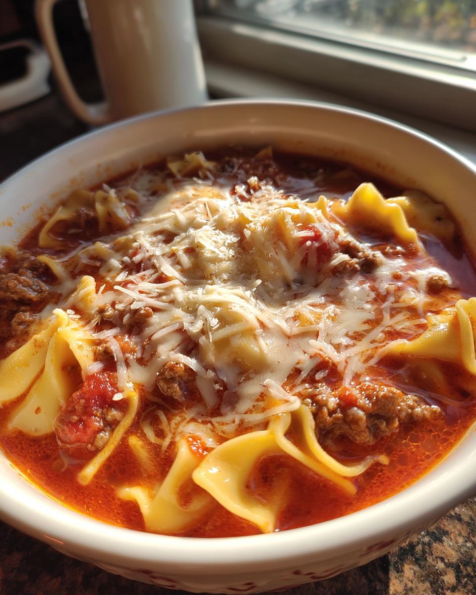 Close-up of a white bowl filled with rich Instant Pot Lasagna Soup, topped with melted mozzarella and ground meat.