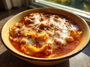 A close-up of a bowl of rich Instant Pot Lasagna Soup topped with melted mozzarella cheese and herbs.