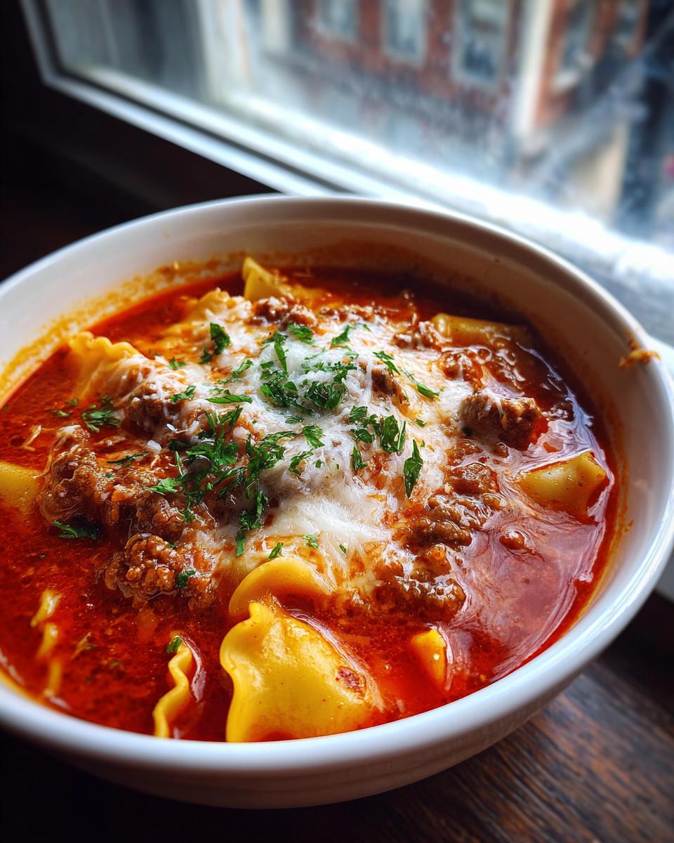 Close-up of a white bowl filled with rich red Instant Pot Lasagna Soup, topped with melted cheese and parsley.