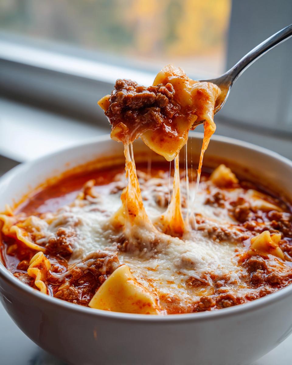 A spoonful lifted from a bowl of Instant Pot Lasagna Soup, showing melted cheese stretching between the spoon and the soup.
