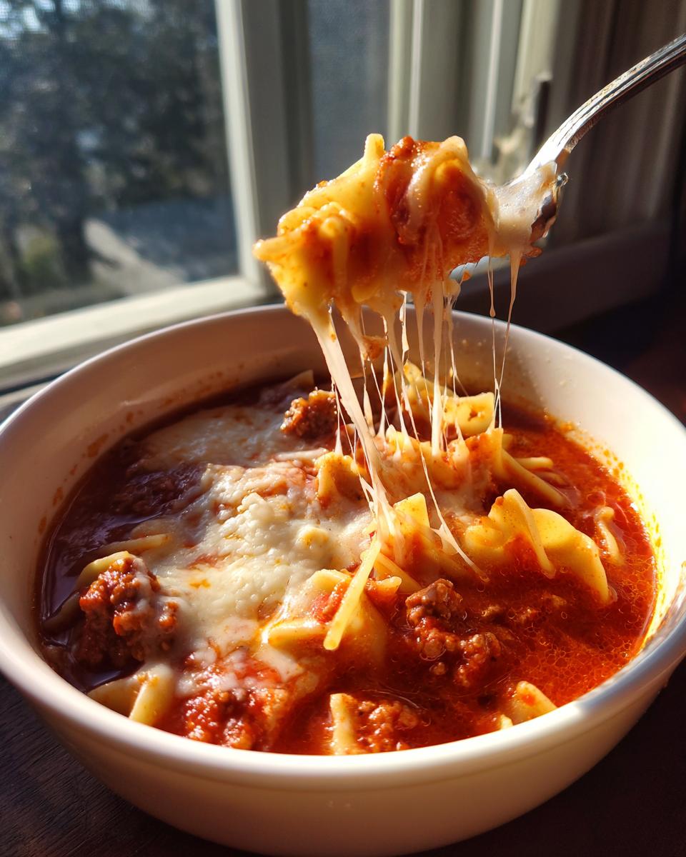 A fork lifts pasta and melted cheese from a bowl of rich Instant Pot Lasagna Soup, showing a dramatic cheese pull.
