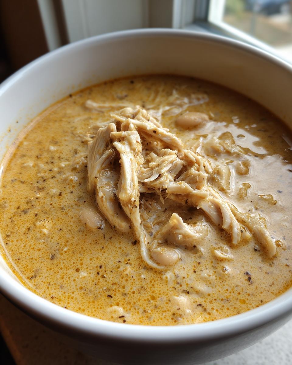 Close-up of a white bowl filled with creamy instant pot white chicken chili topped with shredded chicken and white beans.