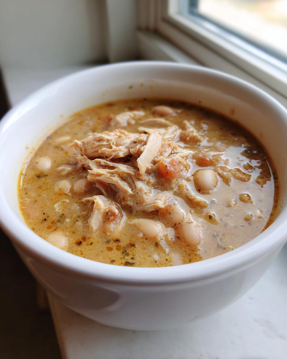A close-up of a white bowl filled with creamy instant pot white chicken chili, featuring shredded chicken and white beans.