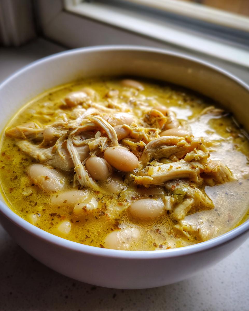 A close-up view of a hearty bowl of instant pot white chicken chili featuring shredded chicken and white beans in a creamy, yellowish broth.