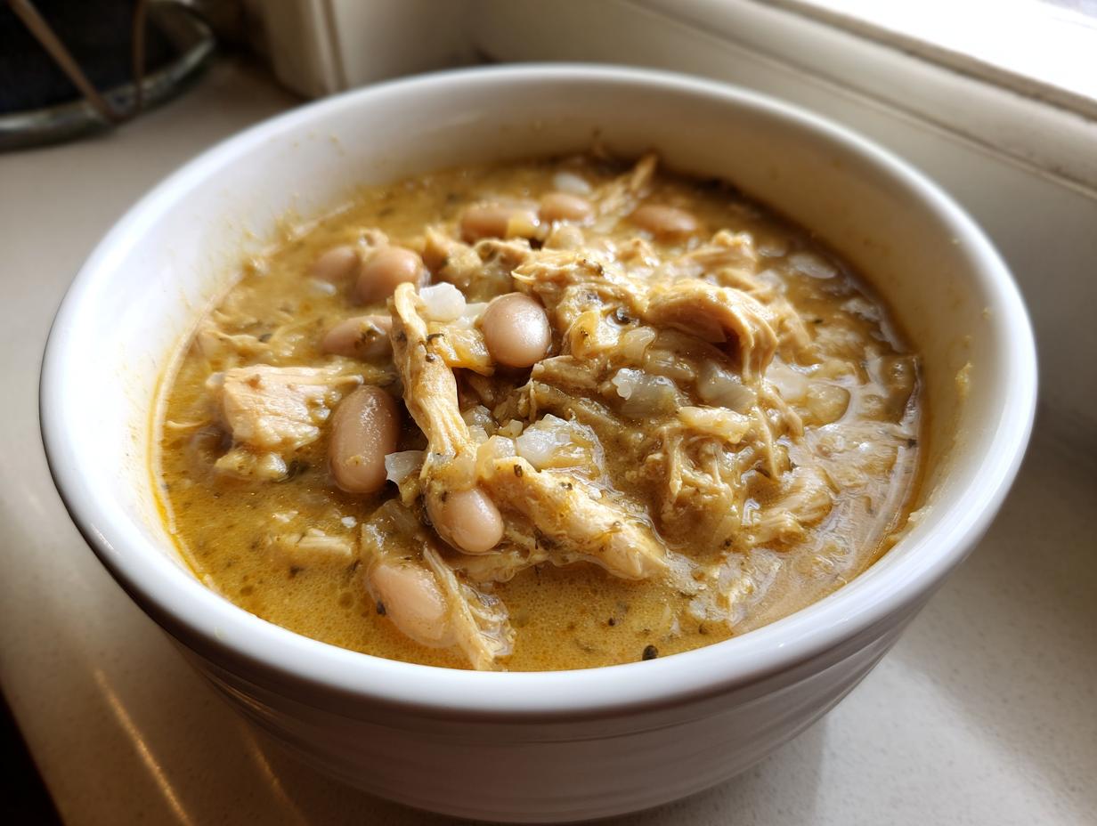 Close-up of a white bowl filled with creamy, shredded instant pot white chicken chili featuring white beans and chicken.