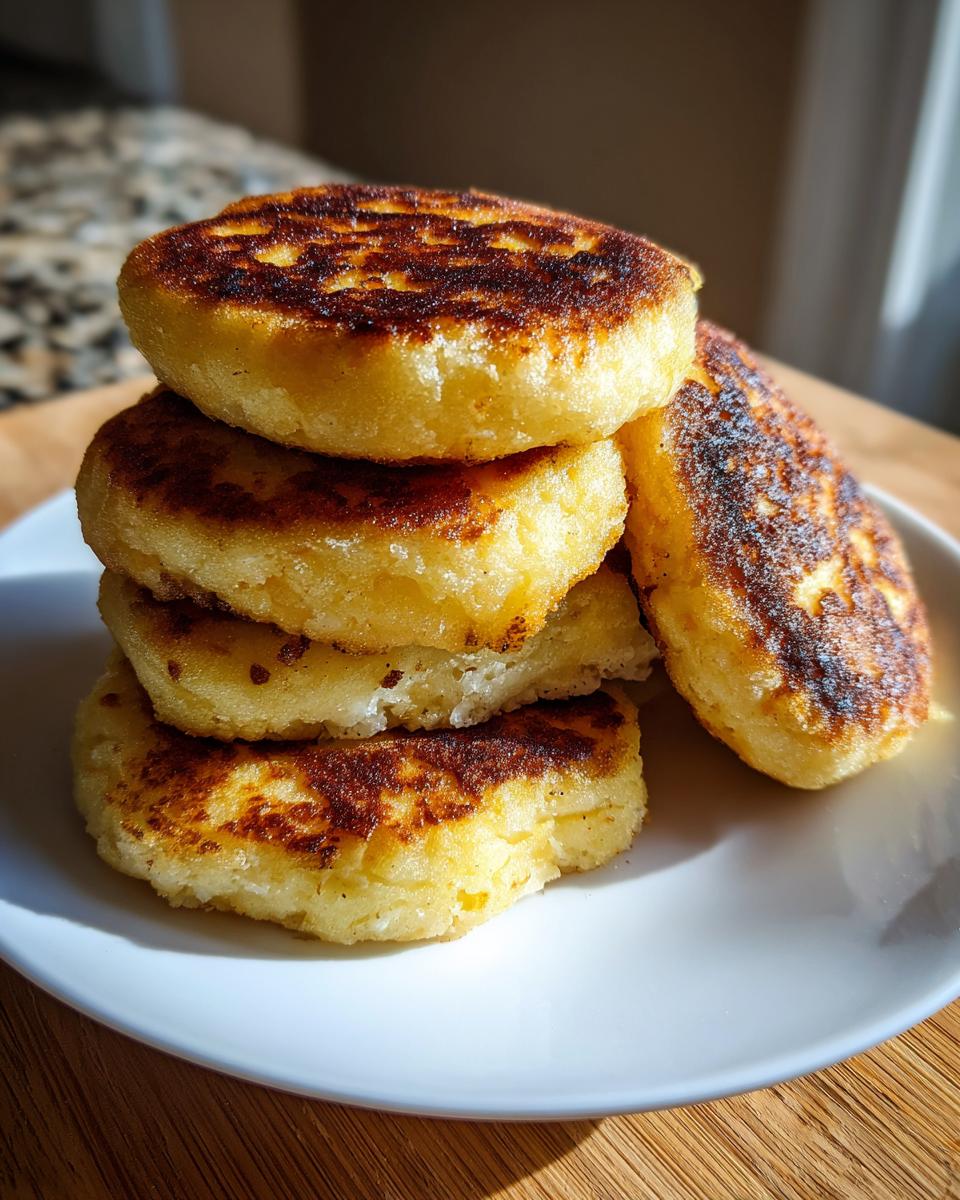 A stack of four golden-brown, pan-fried Irish potato farls resting on a white plate.
