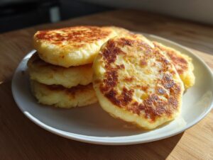 A stack of freshly cooked, golden brown Irish potato farls resting on a white plate.