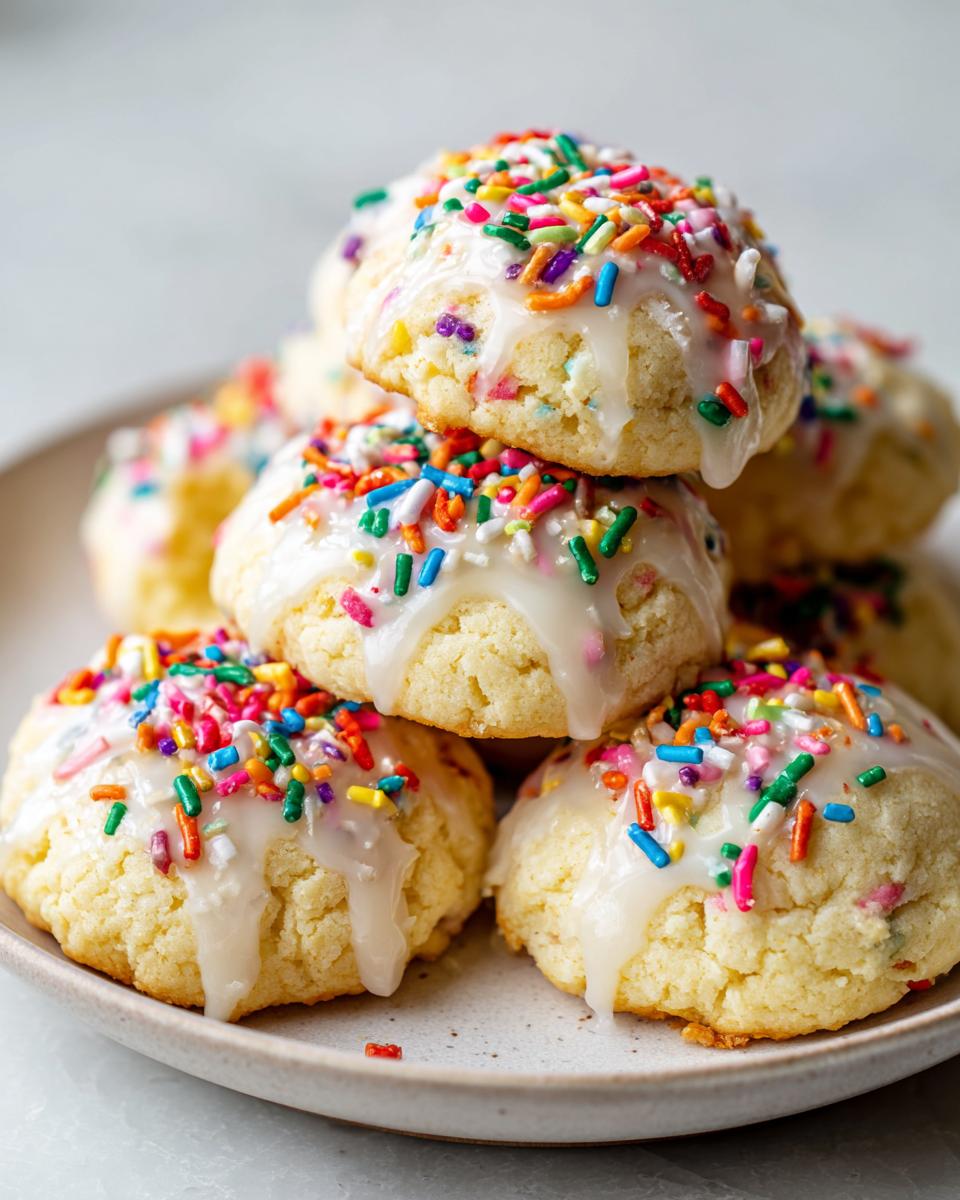 Close-up of a stack of soft italian ricotta cookies topped with white glaze and colorful rainbow sprinkles.