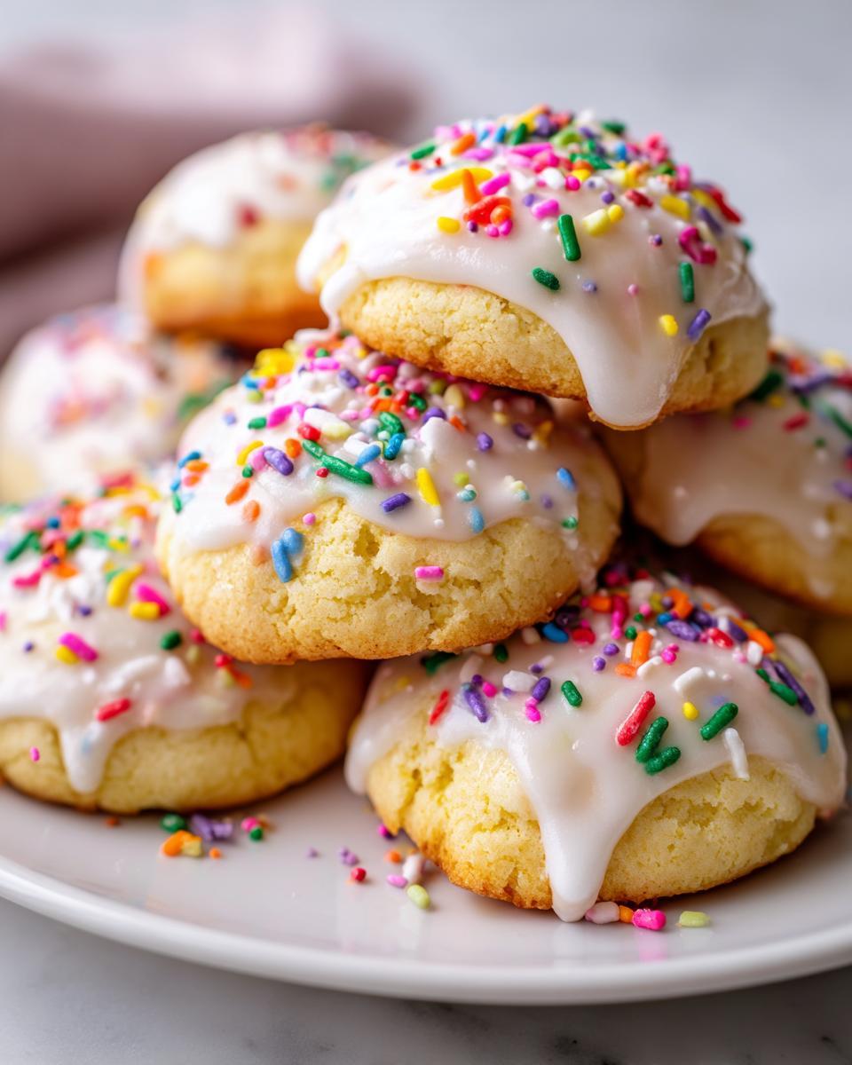A stack of soft italian ricotta cookies topped with thick white glaze and colorful rainbow sprinkles.