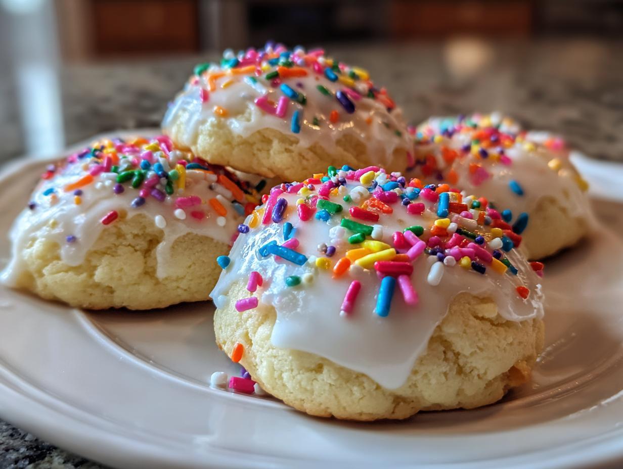 A close-up of four soft Italian ricotta cookies topped with white glaze and colorful rainbow sprinkles.