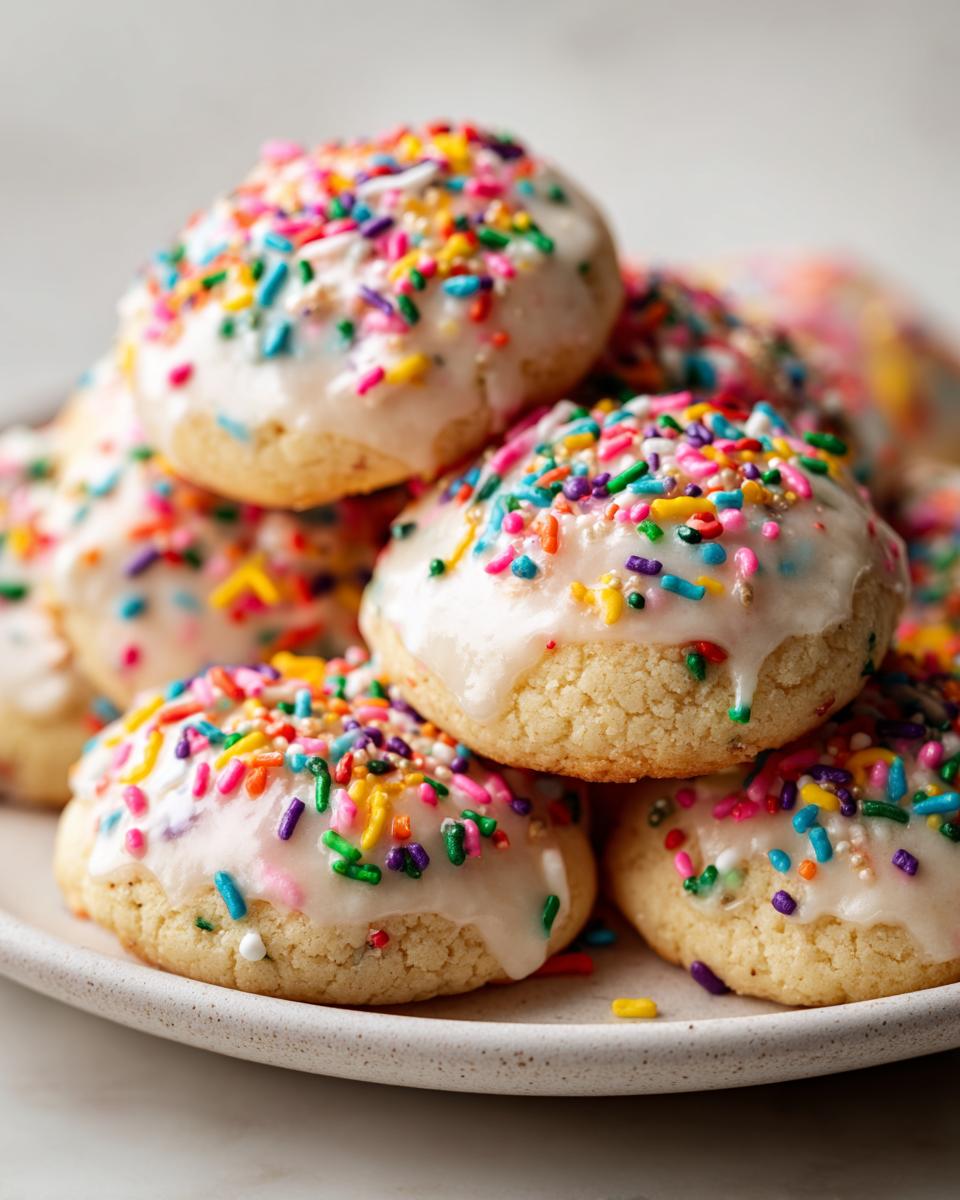 A stack of soft Italian ricotta cookies topped with white glaze and colorful rainbow sprinkles.