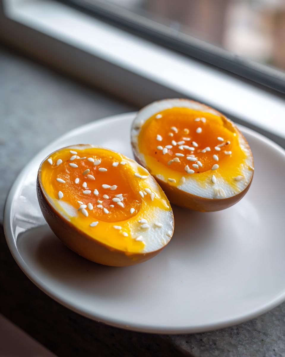 Two halves of a soft-boiled marinated eggs showing jammy orange yolks, sprinkled with white sesame seeds.