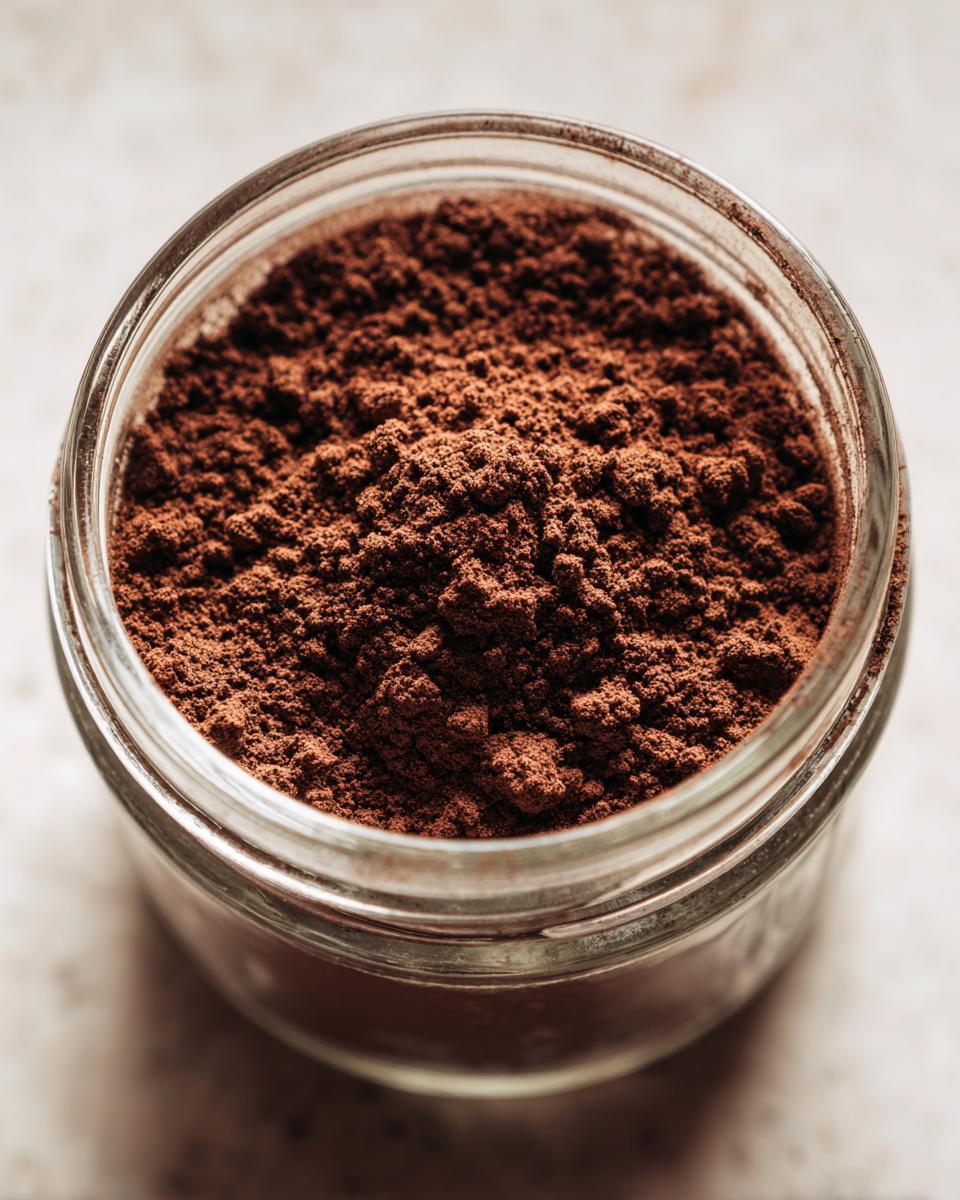Overhead close-up of rich brown homemade hot cocoa mix powder stored in a clear glass jar.