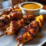 Close-up of perfectly grilled, slightly charred chicken satay skewers served with a side of peanut dipping sauce.