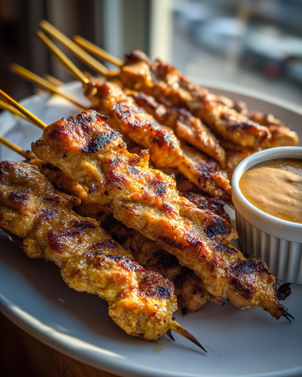 Close-up of several grilled chicken satay skewers with char marks, served on a white plate next to a small bowl of peanut sauce.