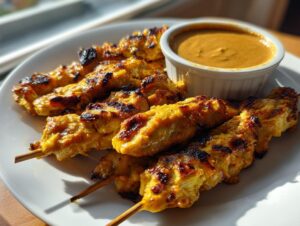 Close-up of grilled, golden-yellow chicken satay skewers served on a white plate next to a small bowl of peanut sauce.