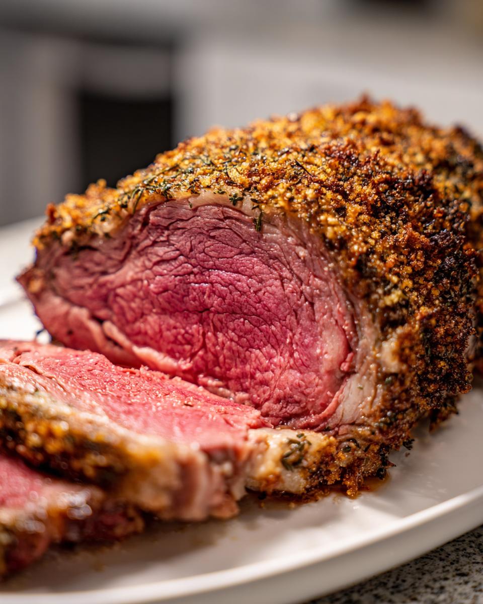 Close-up of a perfectly cooked, medium-rare rib roast showing a thick, seasoned crust and juicy pink interior.